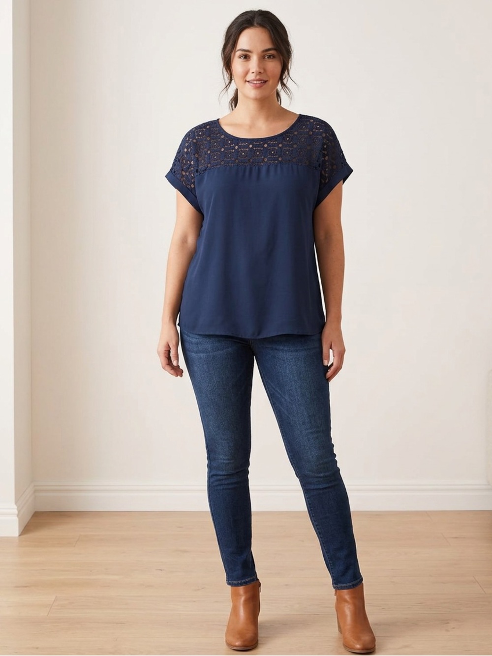 Crochet Yoke Short Sleeve Blouse - Navy